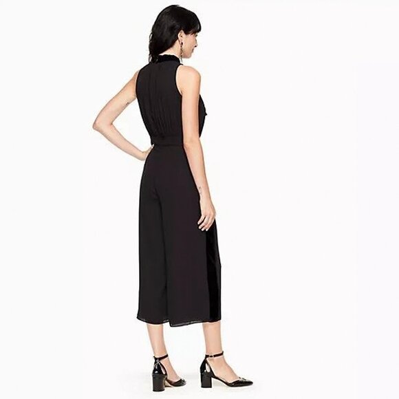 Kate Spade Black Tie Neck Jumpsuit, Cropped Wide Leg with Velvet Trim, sz 6 - Picture 9 of 9